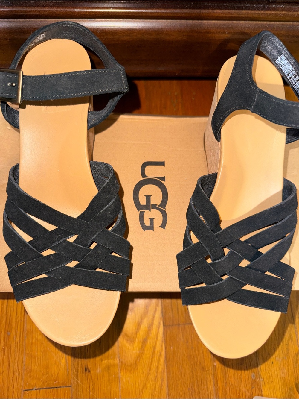 UGG Uma Cork Suede Strappy Wedge Sandals Women's Sz 8.5 Black
